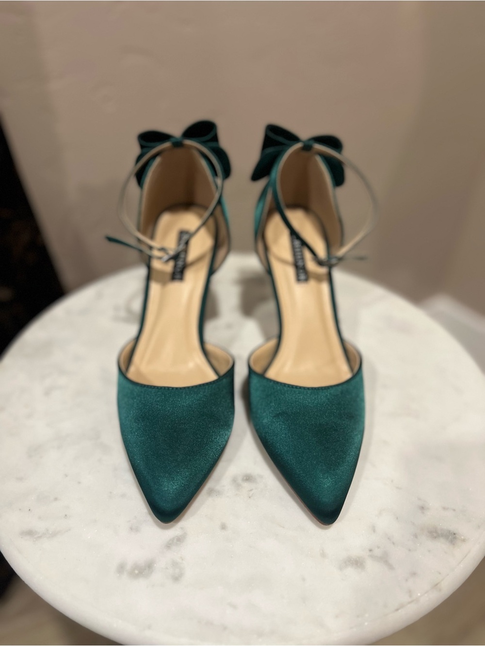 Emerald Satin Pointed Toe Ankle Strap Pumps with Rhinestone Buckle and Bow! 8.5